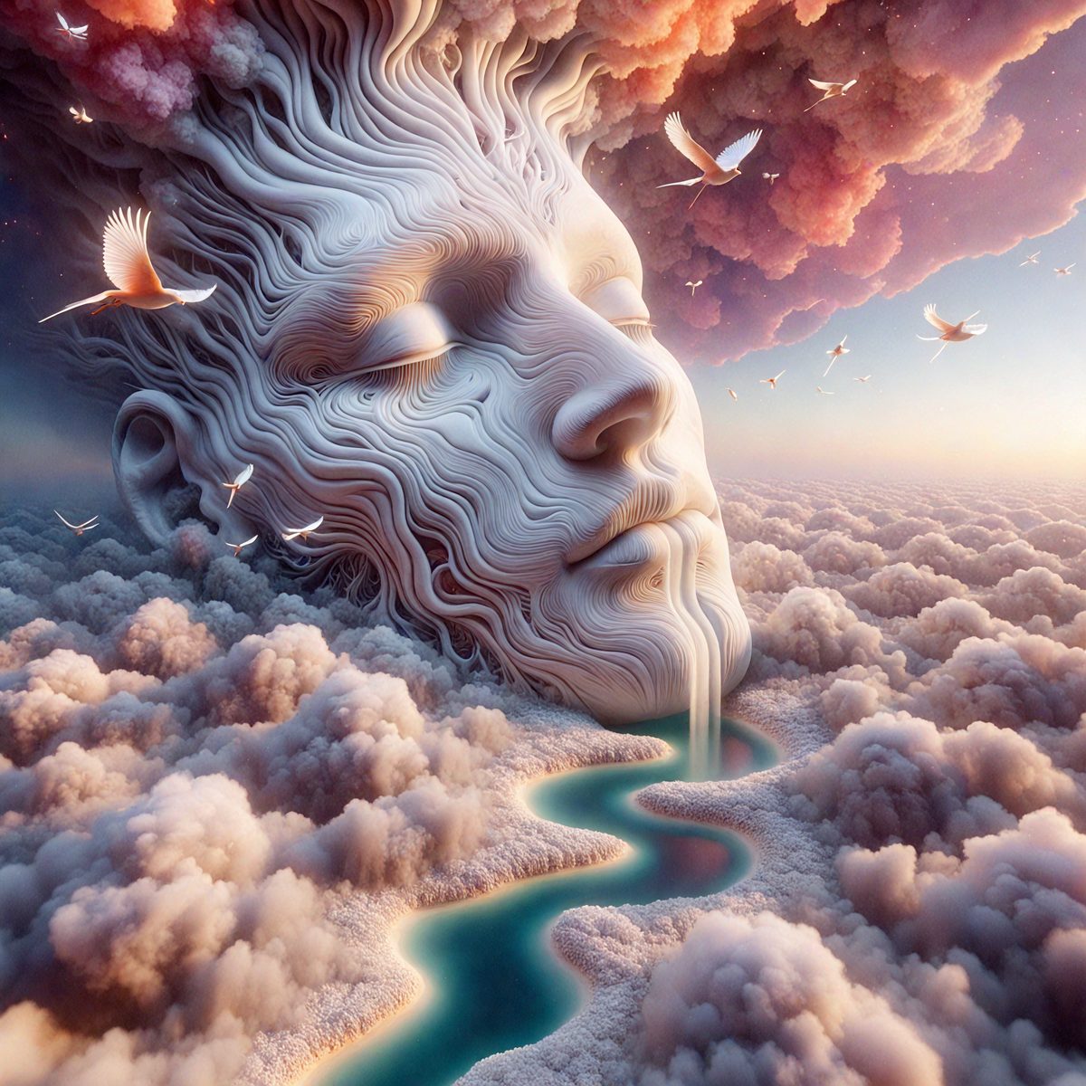 The primary subject of the image is a large, intricately carved head, possibly a sculpture or a digital artwork, with a waterfall flowing from its forehead. The head is surrounded by a cloudy, whimsical environment, which adds to the overall atmosphere of the scene. The visual style of the image is a mix of photo and digital art, creating a unique and captivating composition. The colors in the image are predominantly white and blue, with the waterfall adding a touch of green. The mood of the image is one of surrealism and dreamlike quality, inviting the viewer to explore the artistic and imaginative world it represents.
